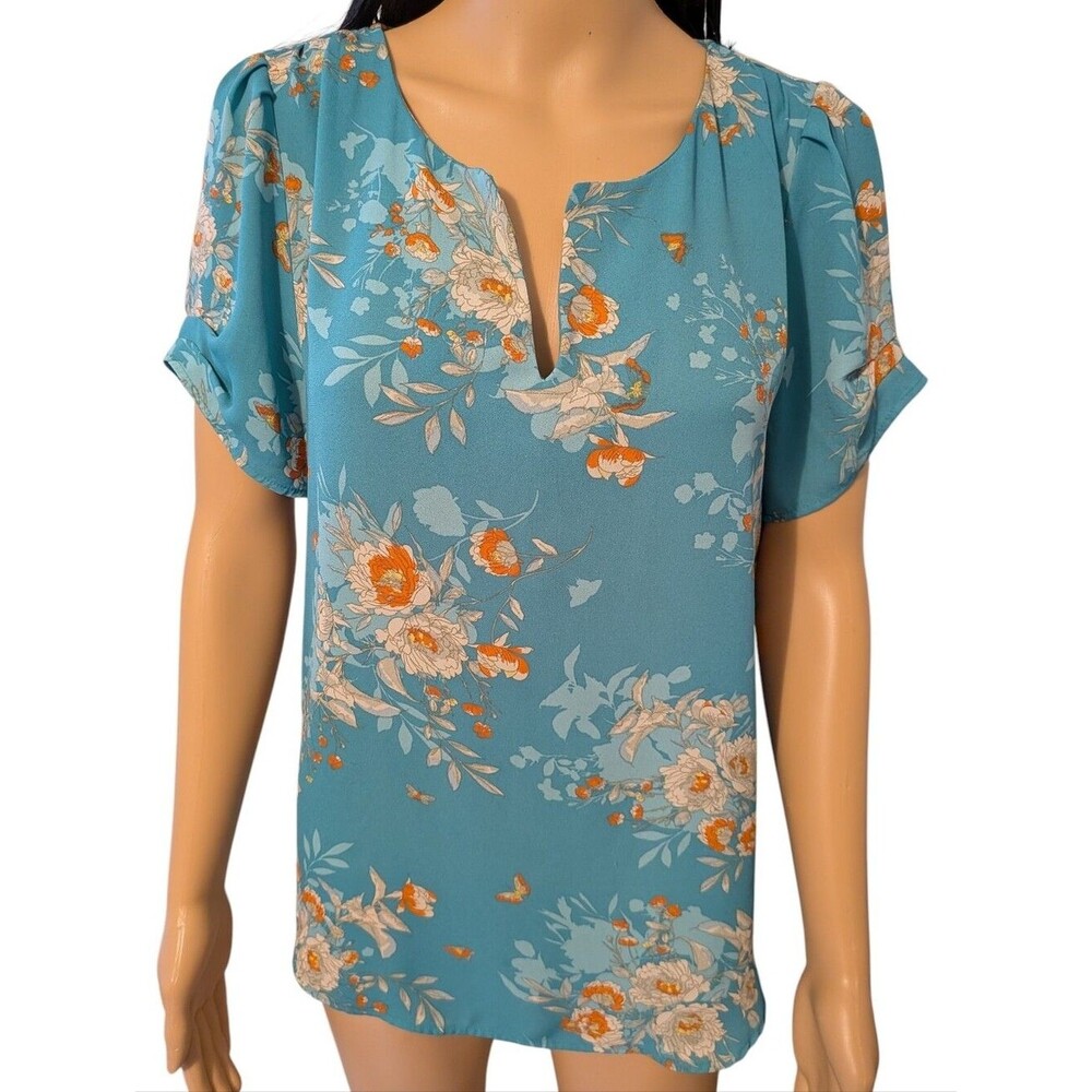 DR2 Turquoise Blouse Orange Flowers Butterflies